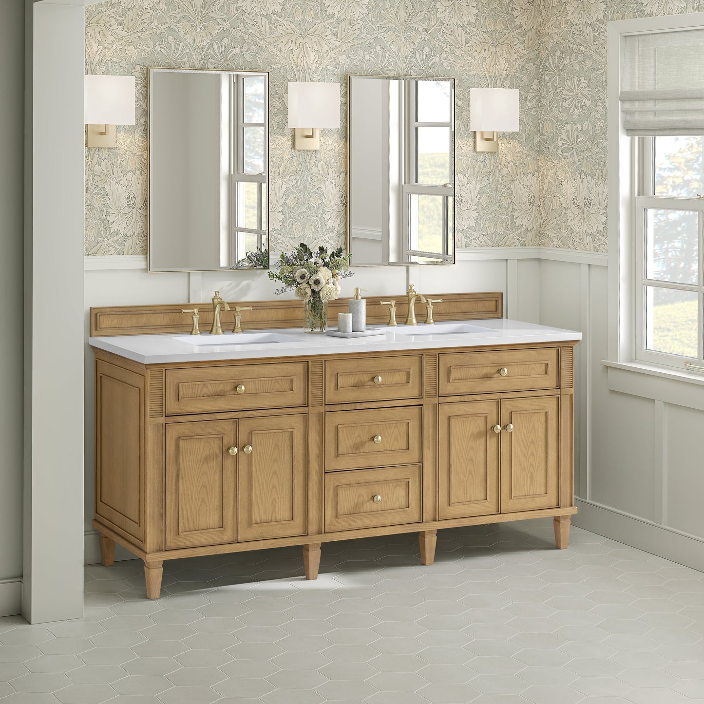 James Martin Vanities Lorelai 72" Light Natural Oak Double Vanity With 3 CM White Zeus Quartz Top