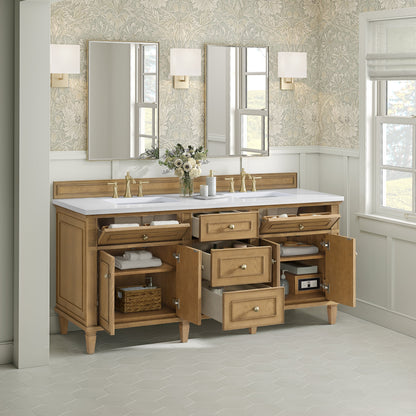 James Martin Vanities Lorelai 72" Light Natural Oak Double Vanity With 3 CM White Zeus Quartz Top