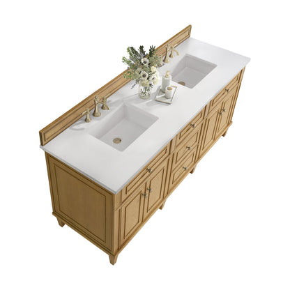 James Martin Vanities Lorelai 72" Light Natural Oak Double Vanity With 3 CM White Zeus Quartz Top