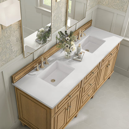 James Martin Vanities Lorelai 72" Light Natural Oak Double Vanity With 3 CM White Zeus Quartz Top