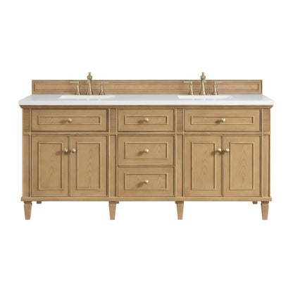 James Martin Vanities Lorelai 72" Light Natural Oak Double Vanity With 3 CM White Zeus Quartz Top