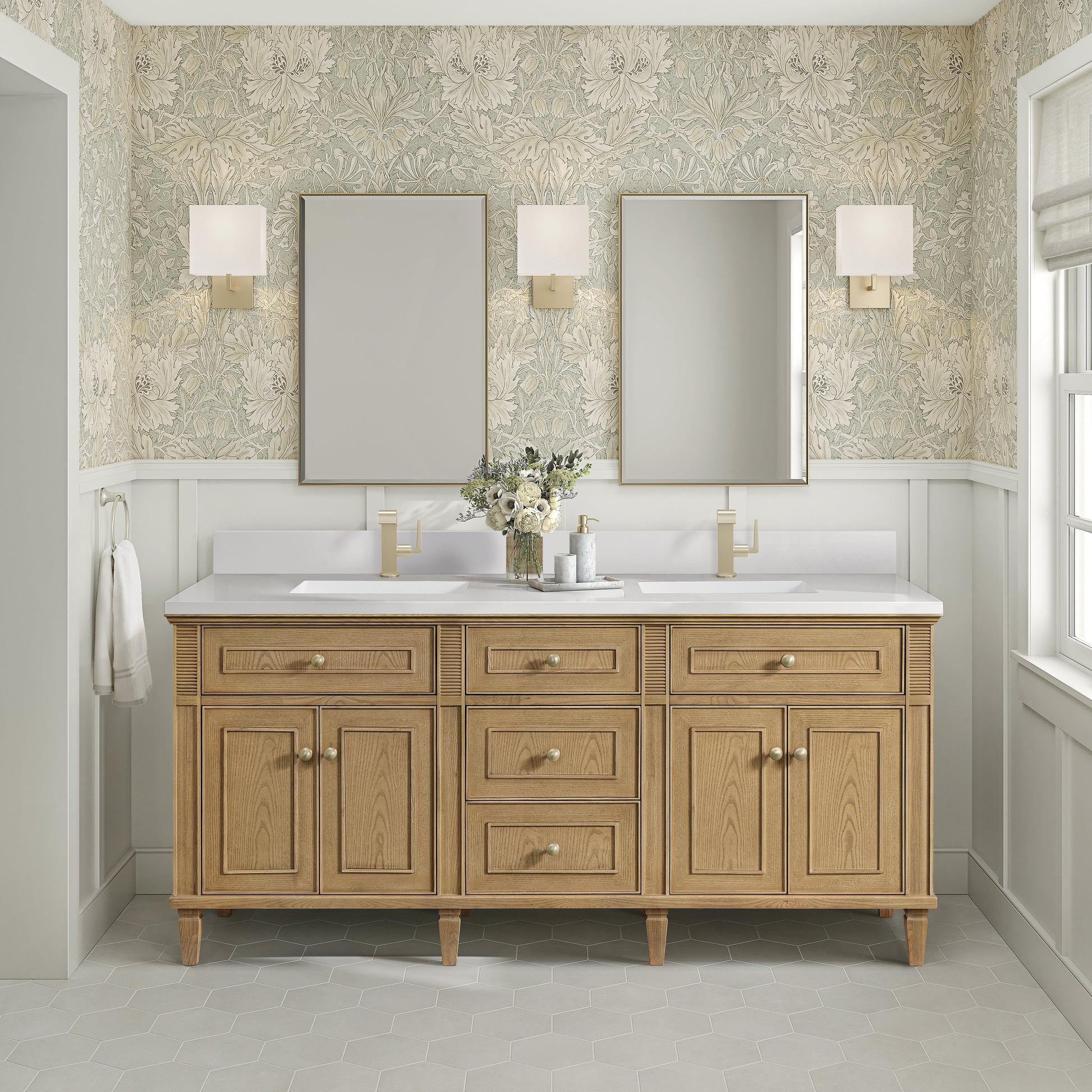 James Martin Vanities Lorelai 72" Light Natural Oak Double Vanity With Single Hole 3 CM White Zeus Quartz Top & Backsplash