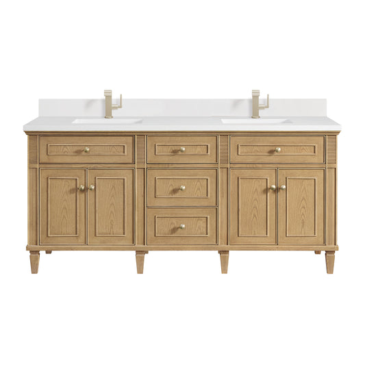 James Martin Vanities Lorelai 72" Light Natural Oak Double Vanity With Single Hole 3 CM White Zeus Quartz Top & Backsplash