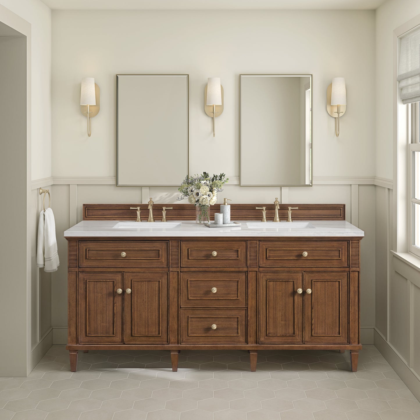 James Martin Vanities Lorelai 72" Mid-Century Walnut Double Vanity With 3 CM Arctic Fall Solid Surface Top