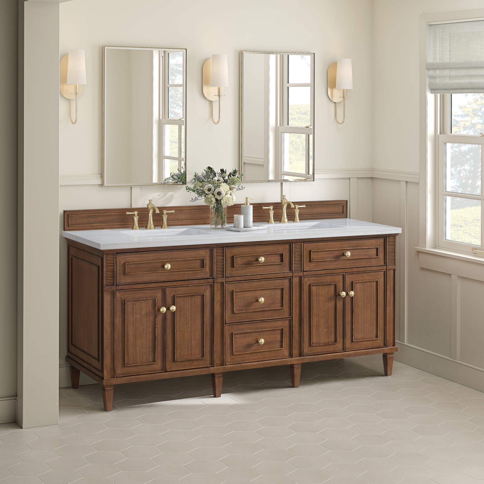 James Martin Vanities Lorelai 72" Mid-Century Walnut Double Vanity With 3 CM Arctic Fall Solid Surface Top