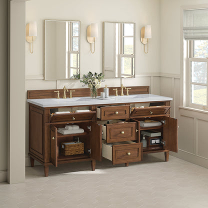 James Martin Vanities Lorelai 72" Mid-Century Walnut Double Vanity With 3 CM Arctic Fall Solid Surface Top