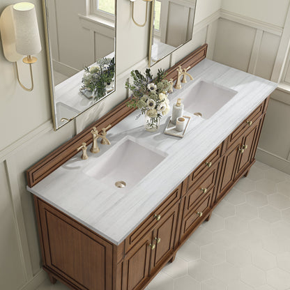 James Martin Vanities Lorelai 72" Mid-Century Walnut Double Vanity With 3 CM Arctic Fall Solid Surface Top