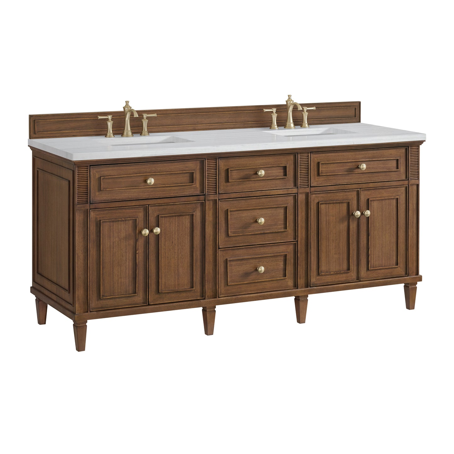 James Martin Vanities Lorelai 72" Mid-Century Walnut Double Vanity With 3 CM Arctic Fall Solid Surface Top