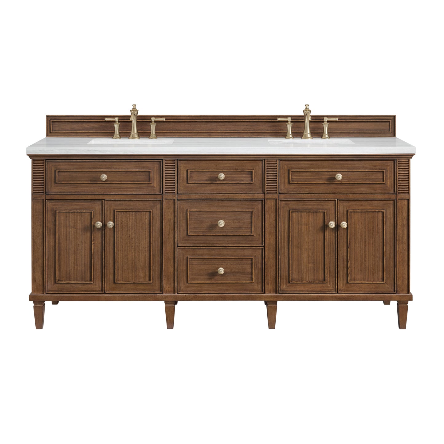 James Martin Vanities Lorelai 72" Mid-Century Walnut Double Vanity With 3 CM Arctic Fall Solid Surface Top