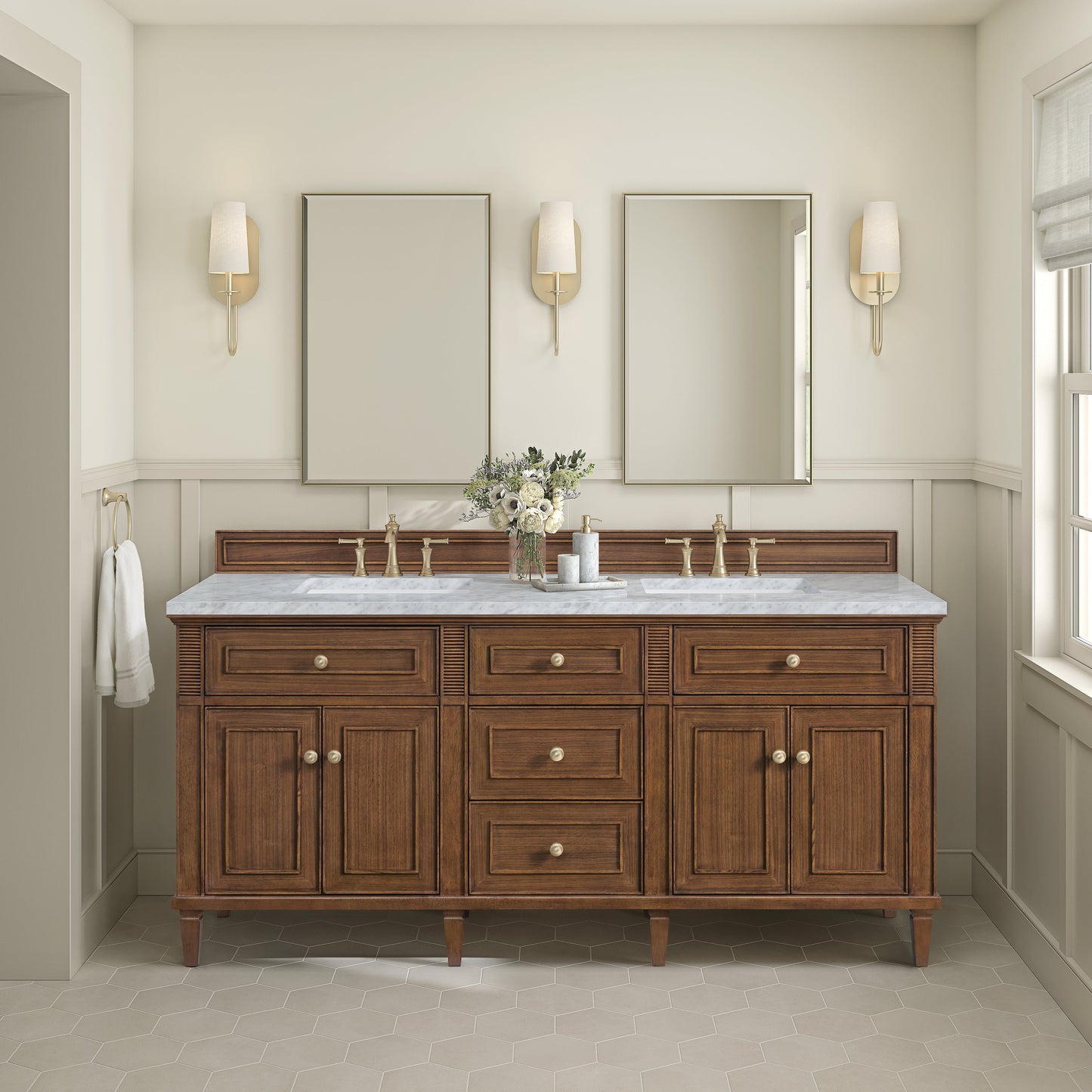 James Martin Vanities Lorelai 72" Mid-Century Walnut Double Vanity With 3 CM Carrara White Marble Top