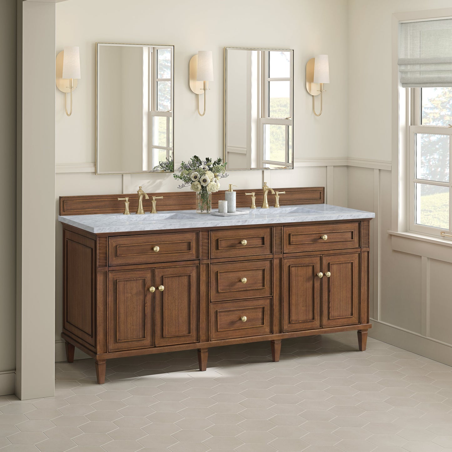 James Martin Vanities Lorelai 72" Mid-Century Walnut Double Vanity With 3 CM Carrara White Marble Top