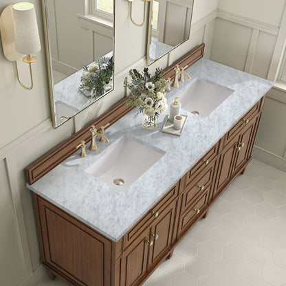 James Martin Vanities Lorelai 72" Mid-Century Walnut Double Vanity With 3 CM Carrara White Marble Top