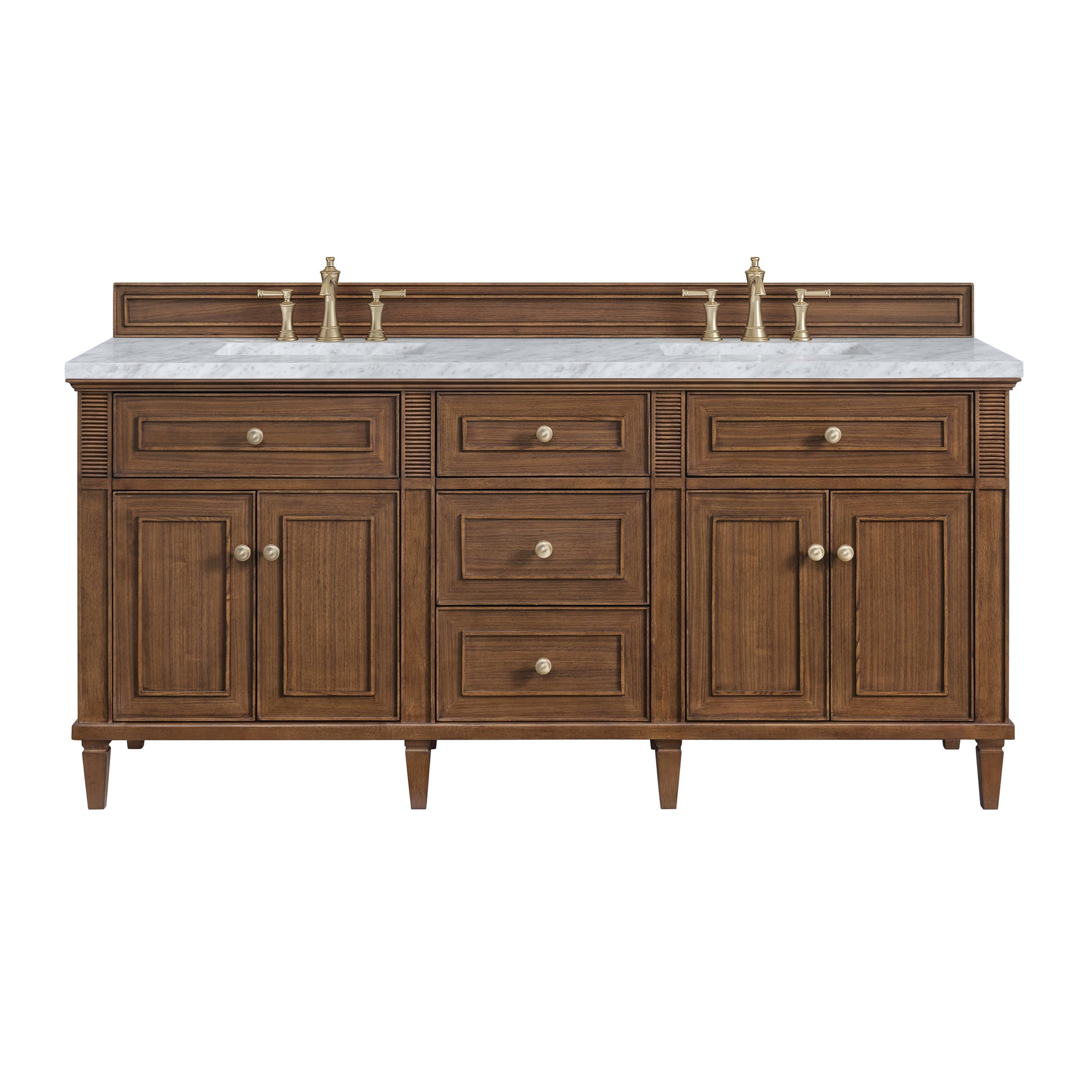 James Martin Vanities Lorelai 72" Mid-Century Walnut Double Vanity With 3 CM Carrara White Marble Top