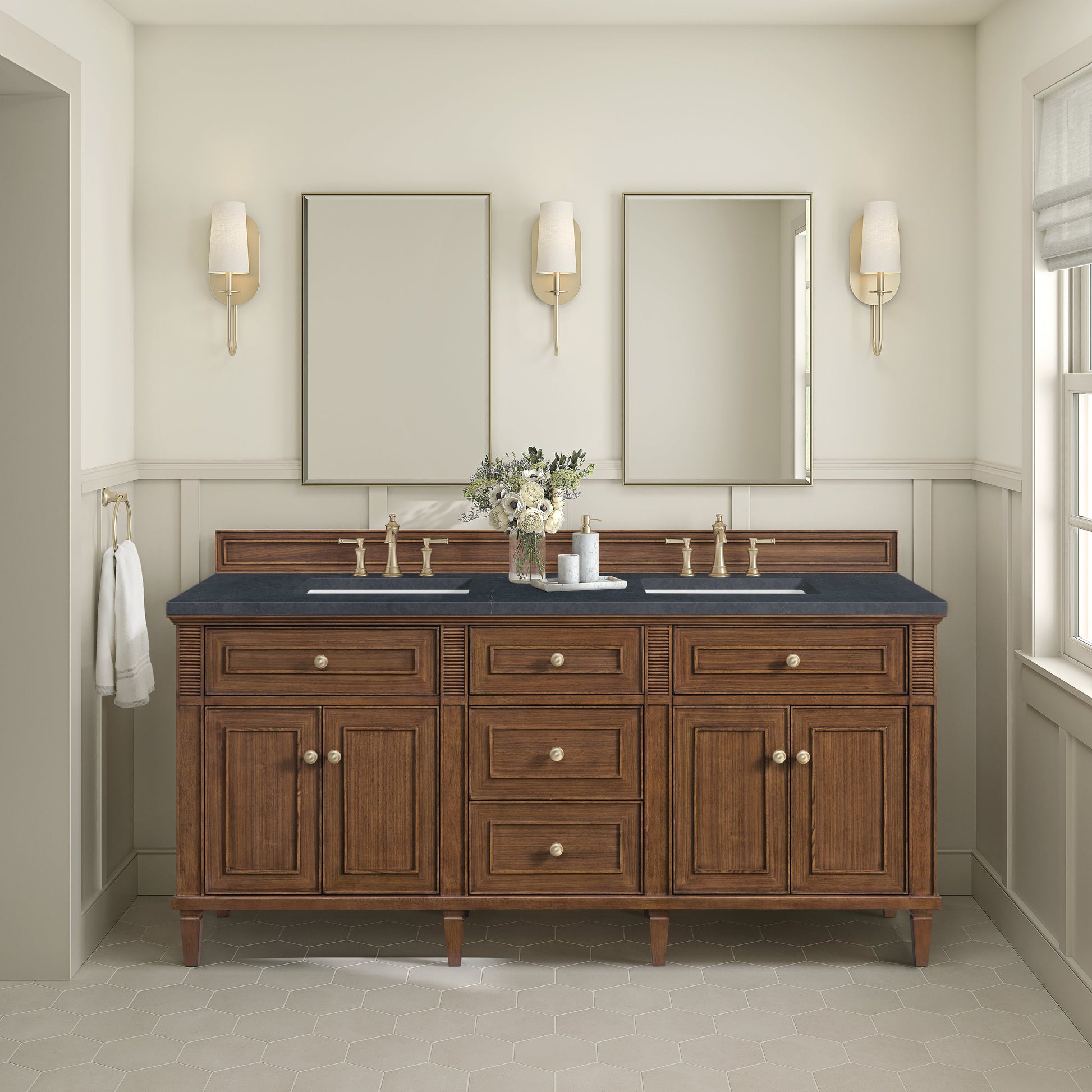 James Martin Vanities Lorelai 72" Mid-Century Walnut Double Vanity With 3 CM Charcoal Soapstone Quartz Top