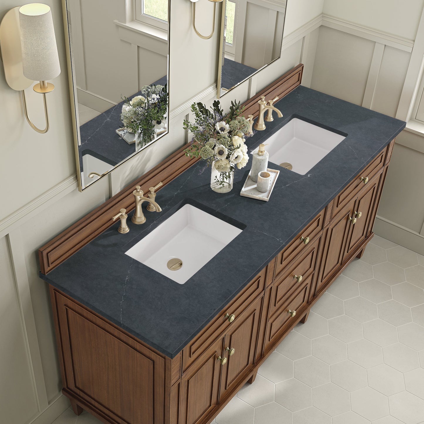 James Martin Vanities Lorelai 72" Mid-Century Walnut Double Vanity With 3 CM Charcoal Soapstone Quartz Top