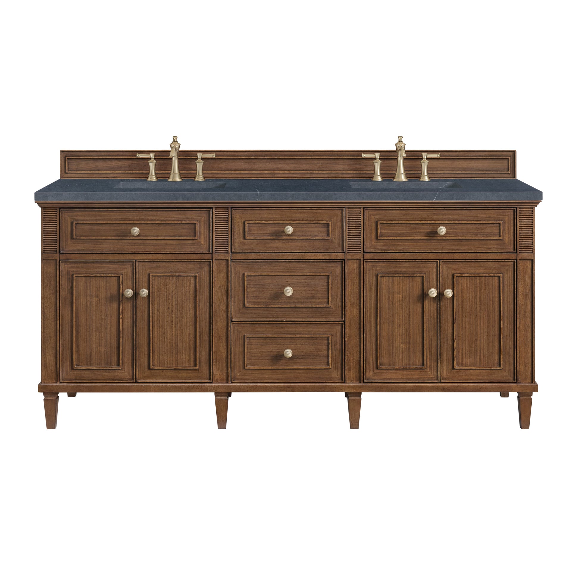 James Martin Vanities Lorelai 72" Mid-Century Walnut Double Vanity With 3 CM Charcoal Soapstone Quartz Top