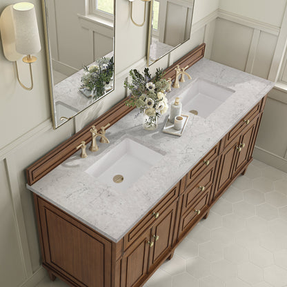 James Martin Vanities Lorelai 72" Mid-Century Walnut Double Vanity With 3 CM Eternal Jasmine Pearl Quartz Top