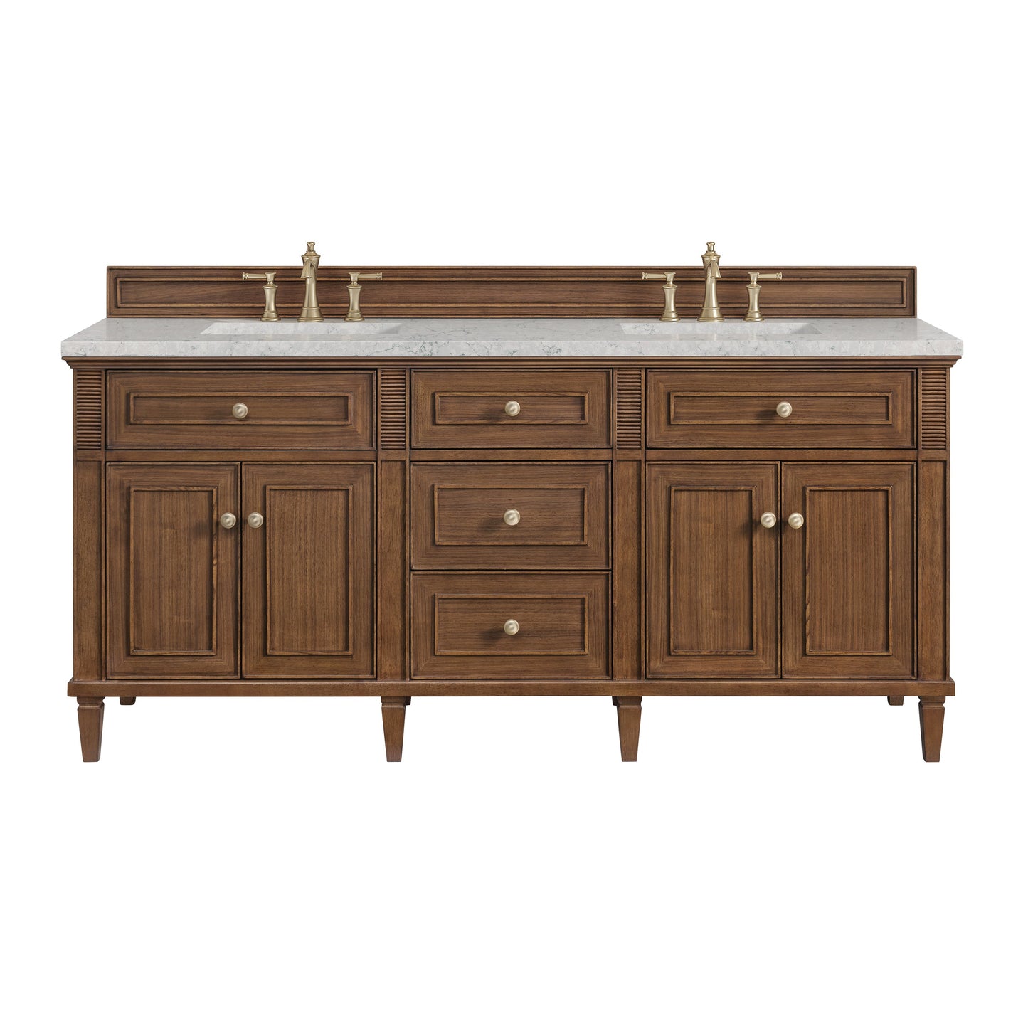 James Martin Vanities Lorelai 72" Mid-Century Walnut Double Vanity With 3 CM Eternal Jasmine Pearl Quartz Top