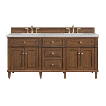 James Martin Vanities Lorelai 72" Mid-Century Walnut Double Vanity With 3 CM Eternal Jasmine Pearl Quartz Top