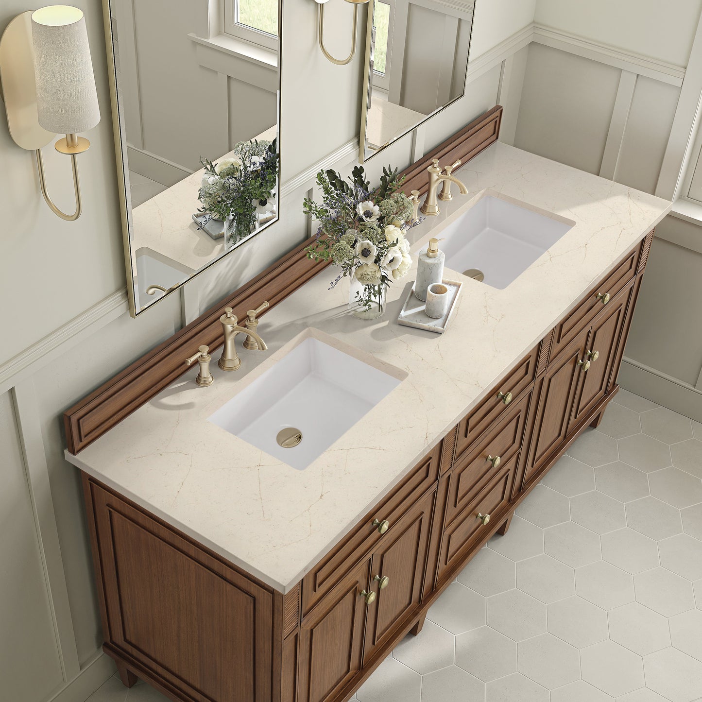 James Martin Vanities Lorelai 72" Mid-Century Walnut Double Vanity With 3 CM Eternal Marfil Quartz Top