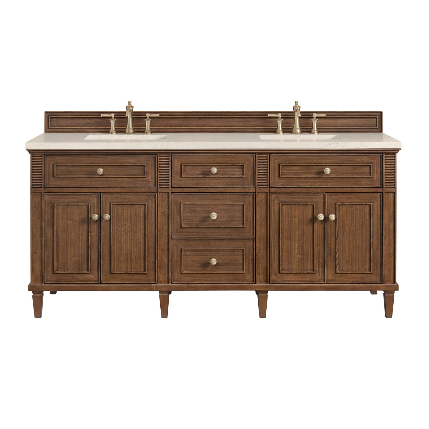 James Martin Vanities Lorelai 72" Mid-Century Walnut Double Vanity With 3 CM Eternal Marfil Quartz Top