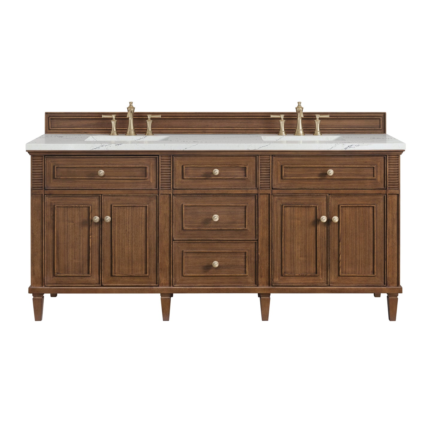 James Martin Vanities Lorelai 72" Mid-Century Walnut Double Vanity With 3 CM Ethereal Noctis Quartz Top