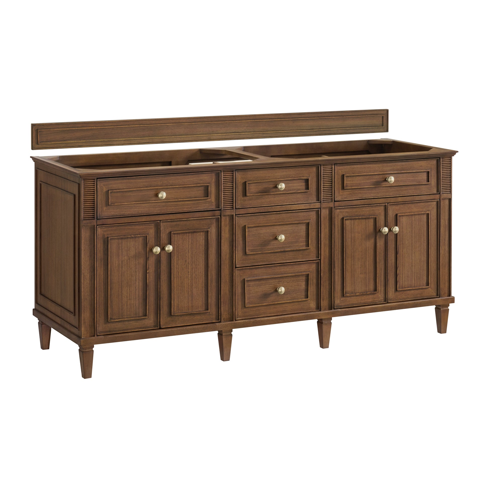 James Martin Vanities Lorelai 72" Mid-Century Walnut Double Vanity With 3 CM Parisien Bleu Quartz Top