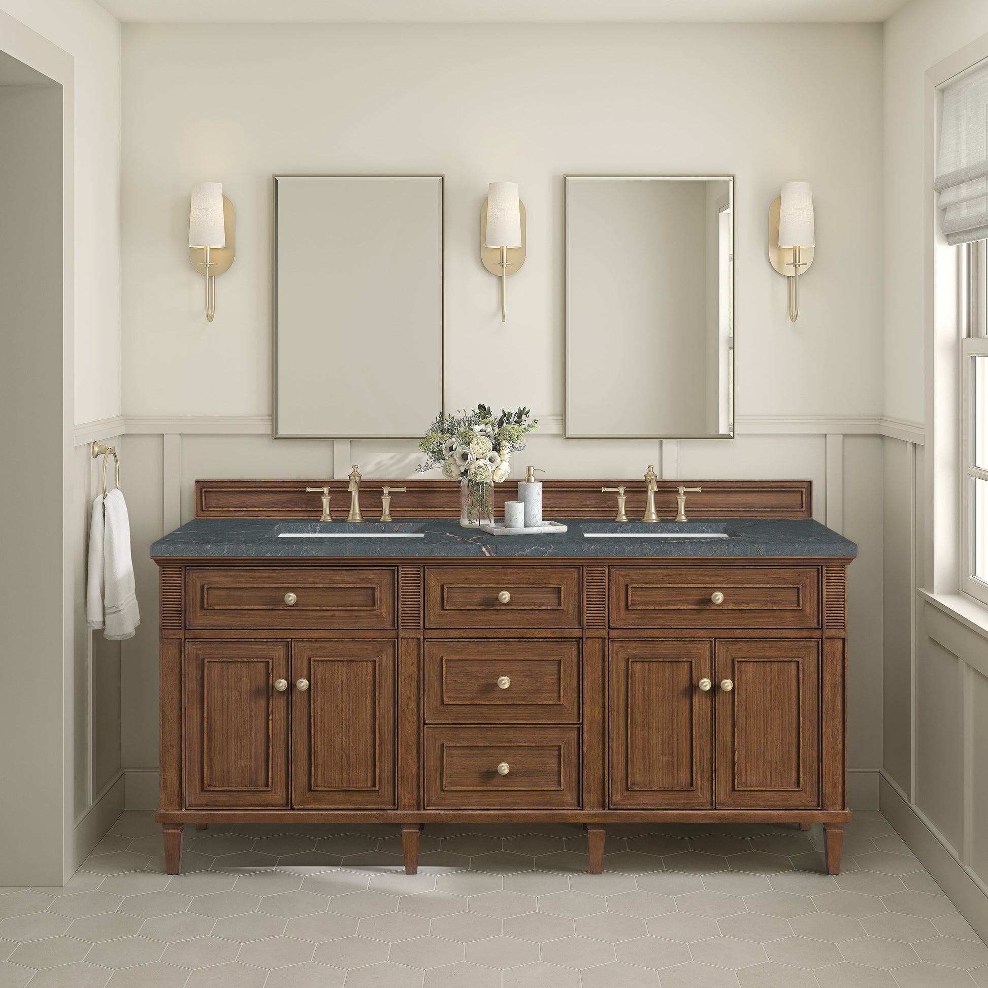 James Martin Vanities Lorelai 72" Mid-Century Walnut Double Vanity With 3 CM Parisien Bleu Quartz Top