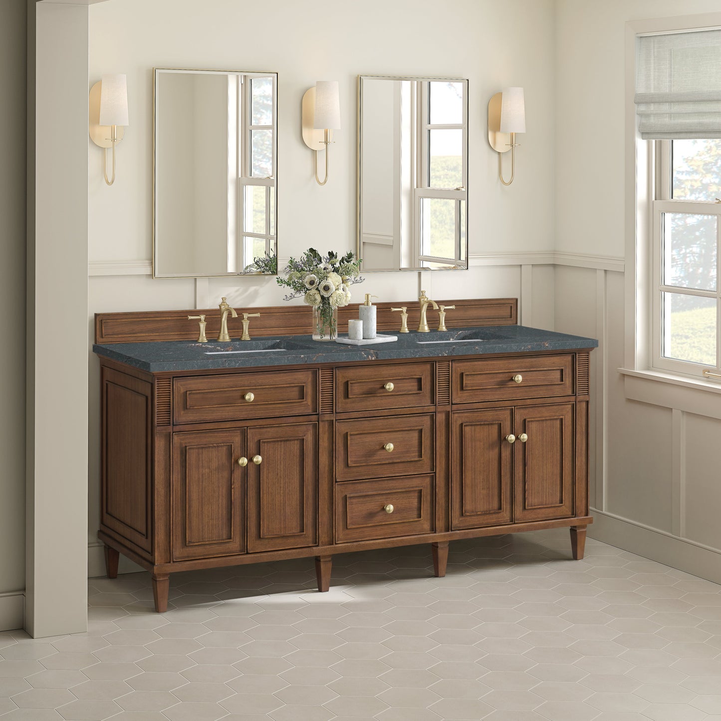 James Martin Vanities Lorelai 72" Mid-Century Walnut Double Vanity With 3 CM Parisien Bleu Quartz Top