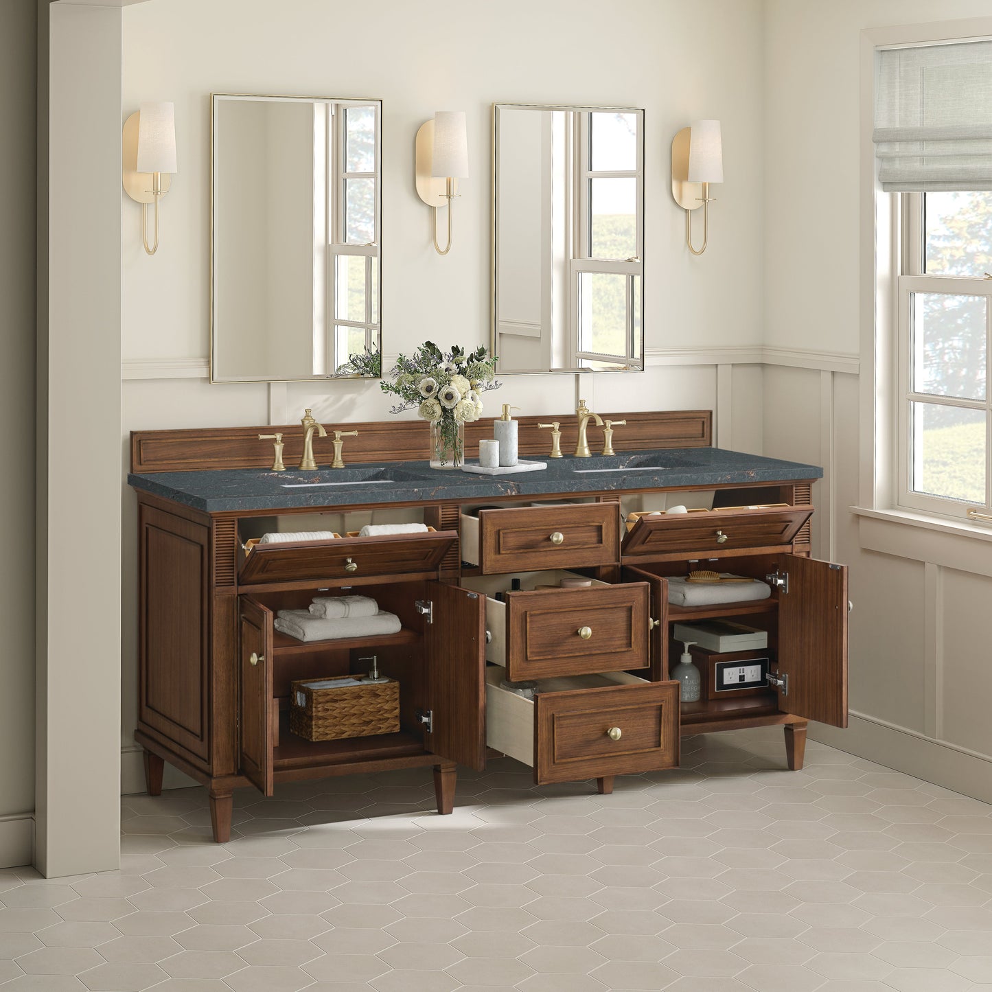 James Martin Vanities Lorelai 72" Mid-Century Walnut Double Vanity With 3 CM Parisien Bleu Quartz Top