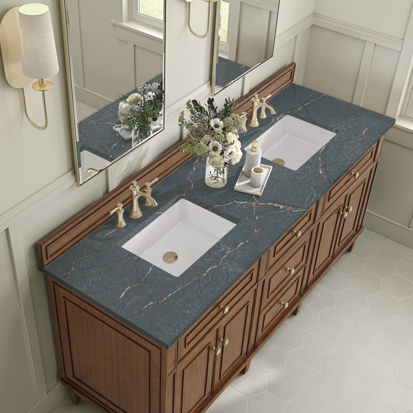 James Martin Vanities Lorelai 72" Mid-Century Walnut Double Vanity With 3 CM Parisien Bleu Quartz Top