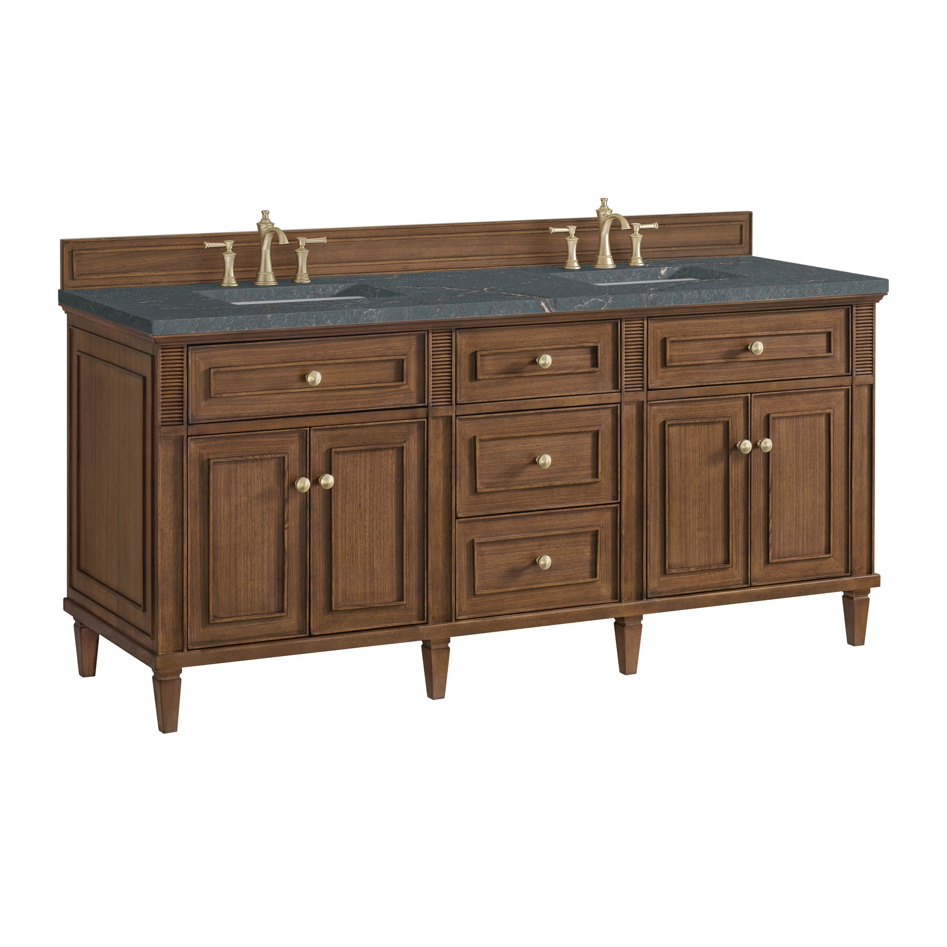 James Martin Vanities Lorelai 72" Mid-Century Walnut Double Vanity With 3 CM Parisien Bleu Quartz Top