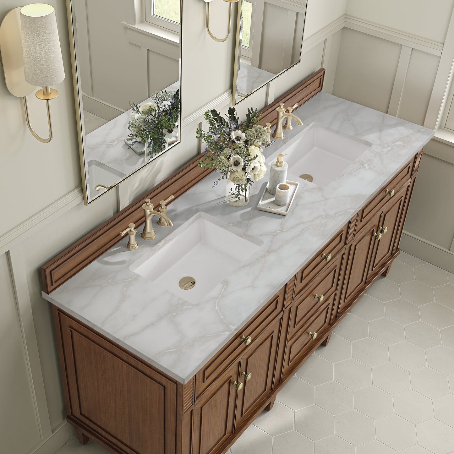 James Martin Vanities Lorelai 72" Mid-Century Walnut Double Vanity With 3 CM Victorian Silver Quartz Top