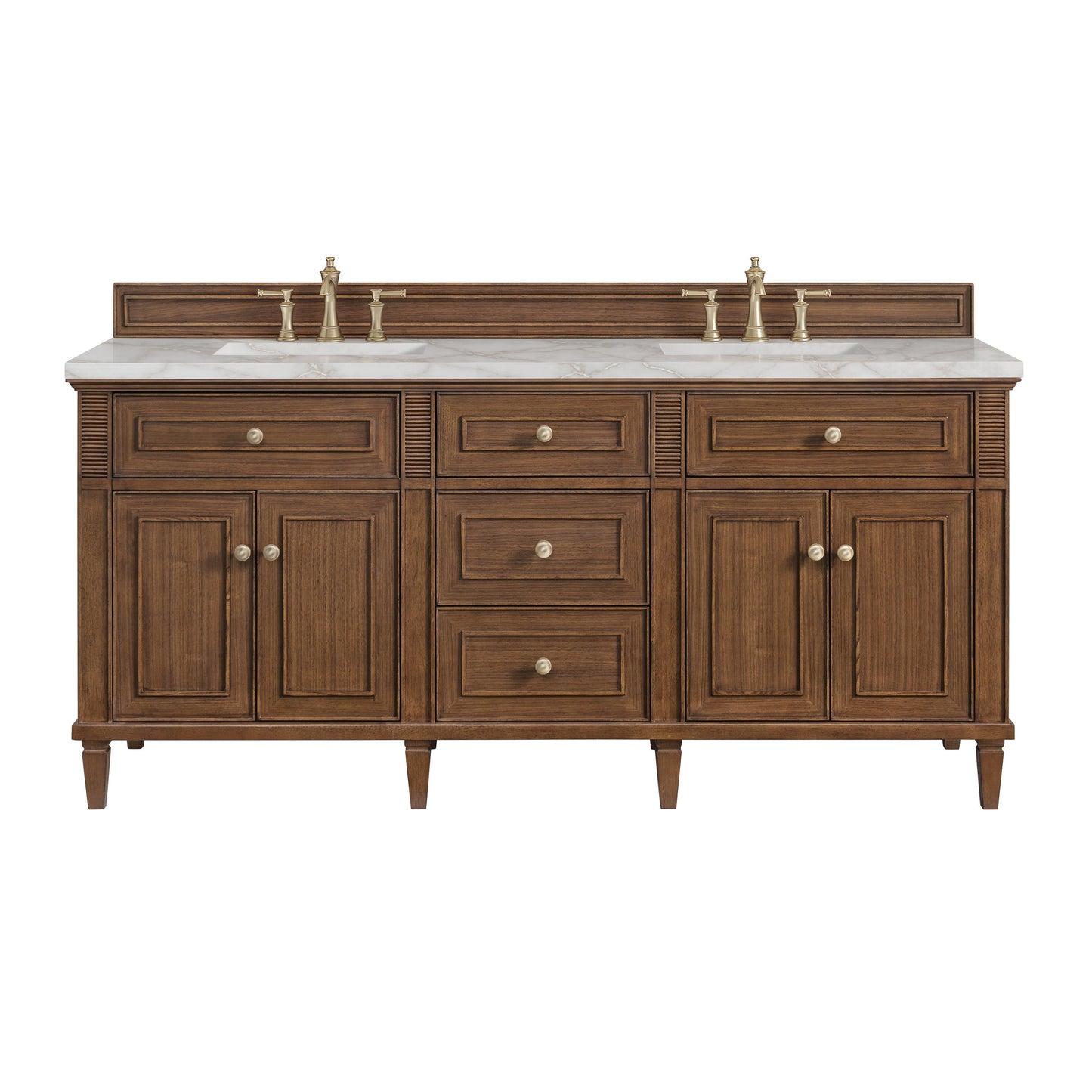 James Martin Vanities Lorelai 72" Mid-Century Walnut Double Vanity With 3 CM Victorian Silver Quartz Top