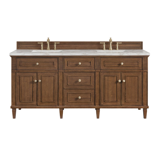 James Martin Vanities Lorelai 72" Mid-Century Walnut Double Vanity With 3 CM Victorian Silver Quartz Top