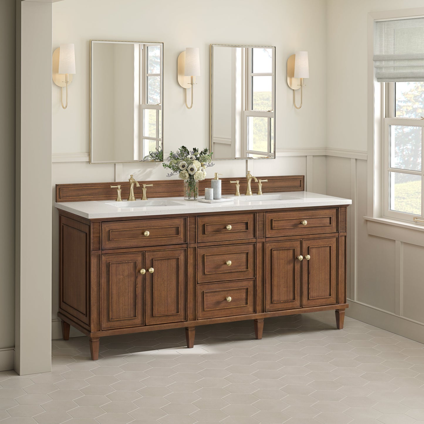 James Martin Vanities Lorelai 72" Mid-Century Walnut Double Vanity With 3 CM White Zeus Quartz Top