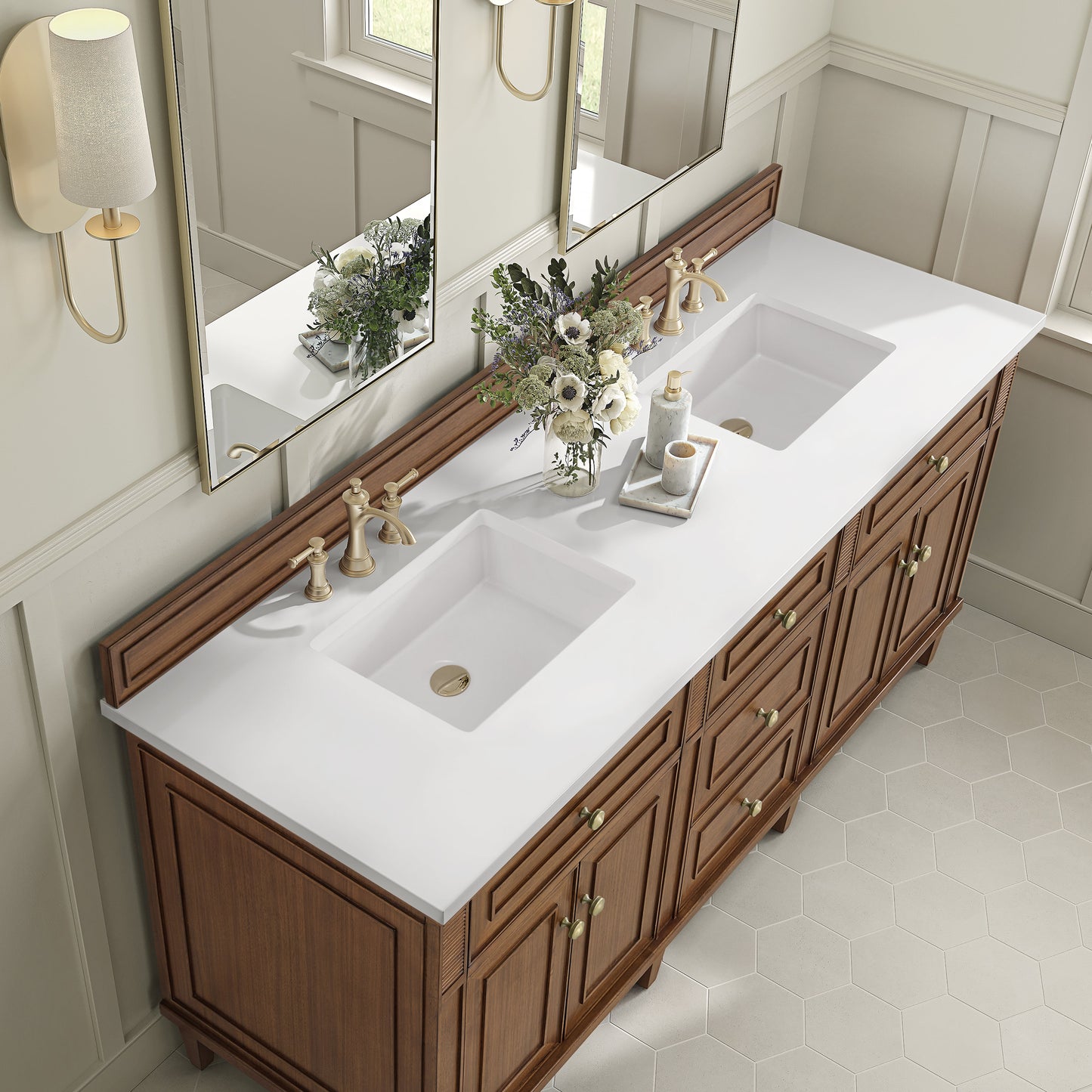 James Martin Vanities Lorelai 72" Mid-Century Walnut Double Vanity With 3 CM White Zeus Quartz Top