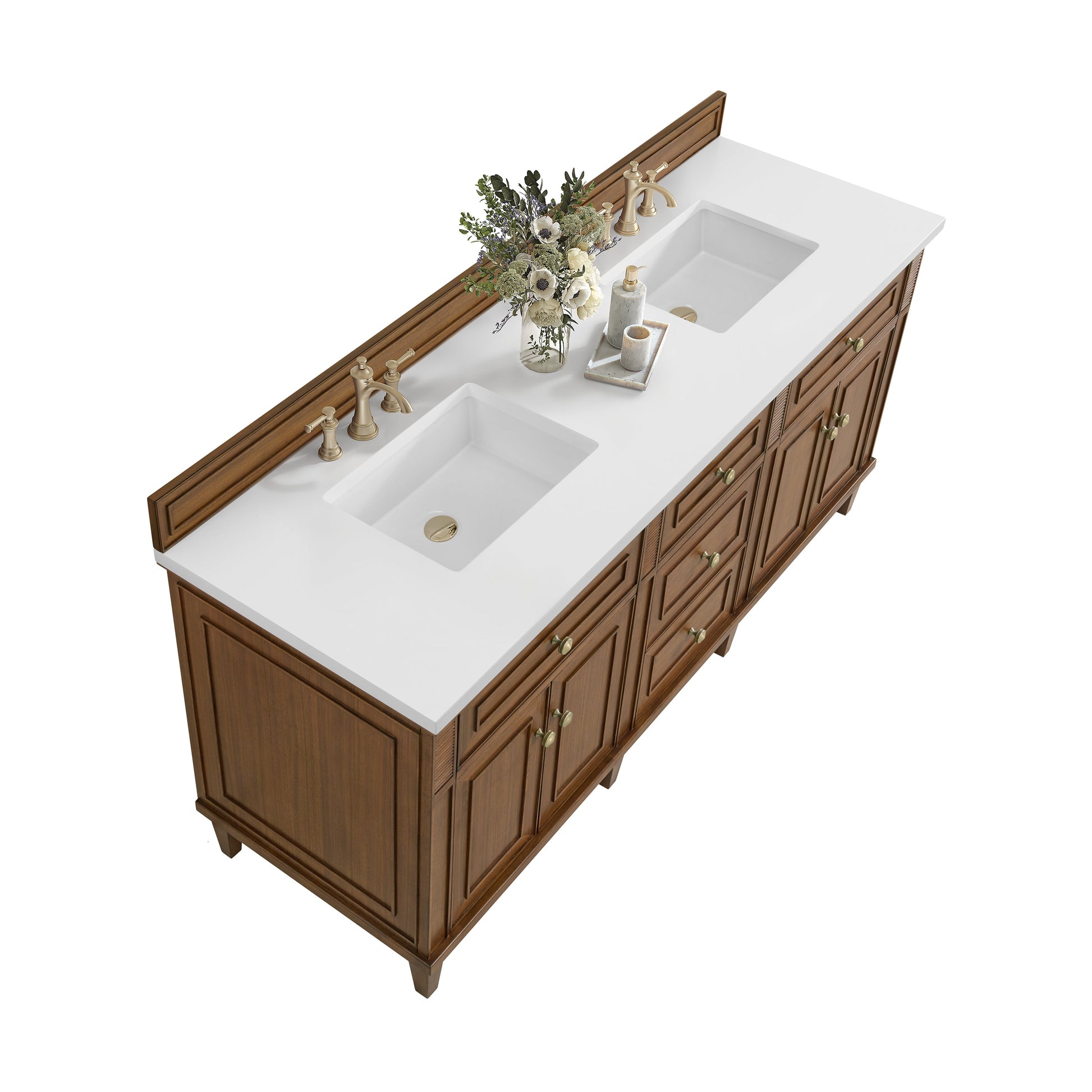 James Martin Vanities Lorelai 72" Mid-Century Walnut Double Vanity With 3 CM White Zeus Quartz Top