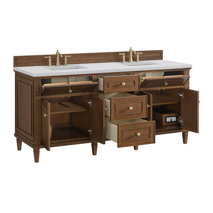 James Martin Vanities Lorelai 72" Mid-Century Walnut Double Vanity With 3 CM White Zeus Quartz Top