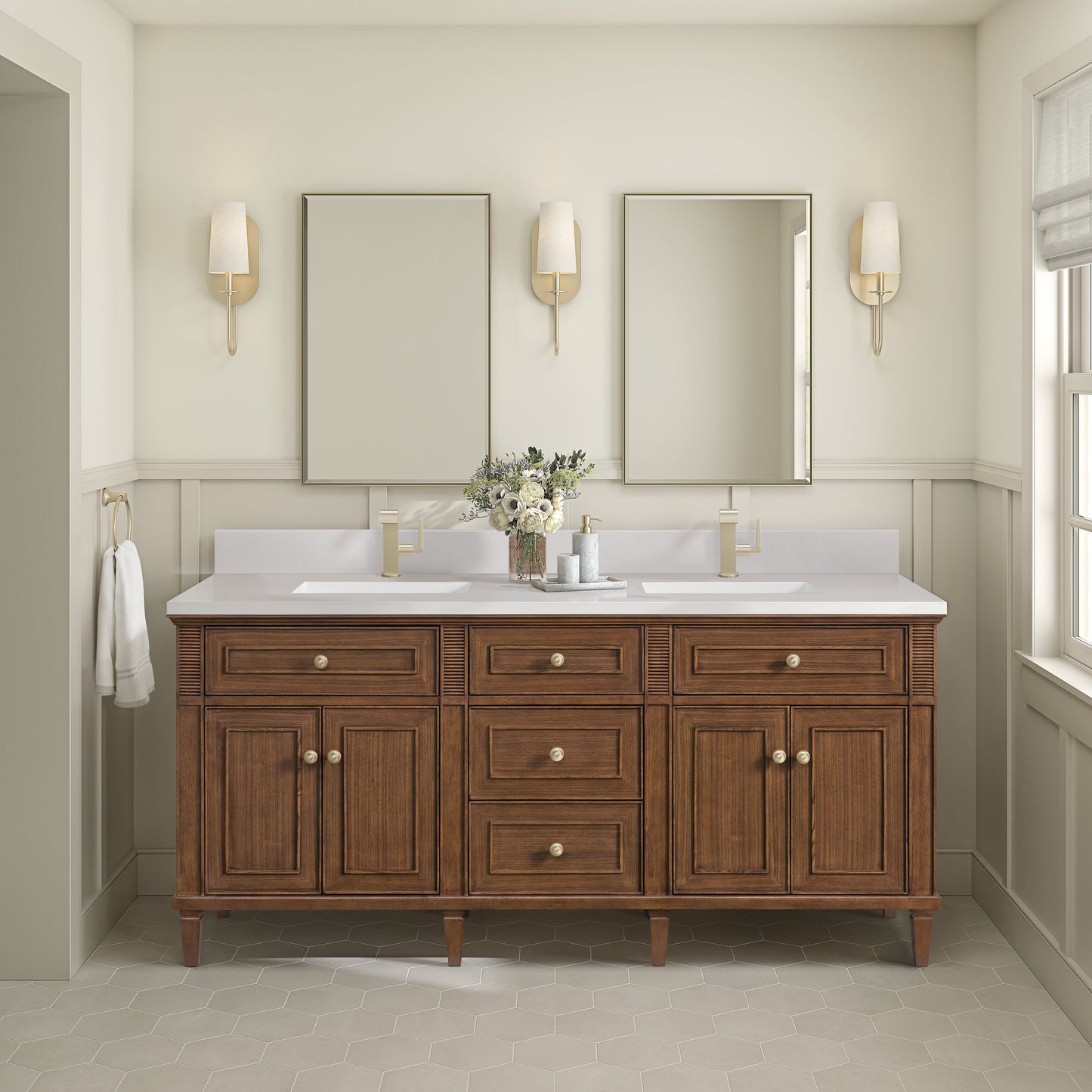 James Martin Vanities Lorelai 72" Mid-Century Walnut Double Vanity With Single Hole 3 CM White Zeus Quartz Top & Backsplash