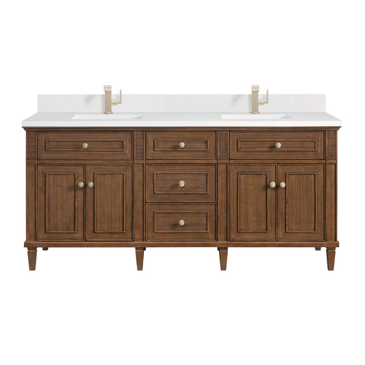 James Martin Vanities Lorelai 72" Mid-Century Walnut Double Vanity With Single Hole 3 CM White Zeus Quartz Top & Backsplash