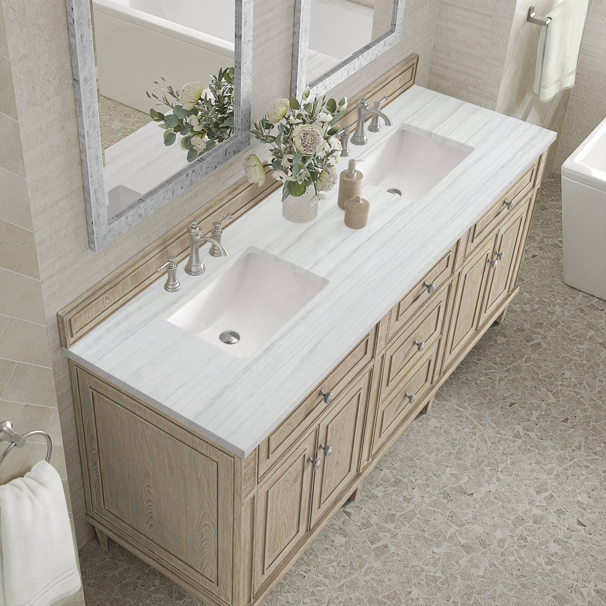 James Martin Vanities Lorelai 72" Whitewashed Oak Double Vanity With 3 CM Arctic Fall Solid Surface Top