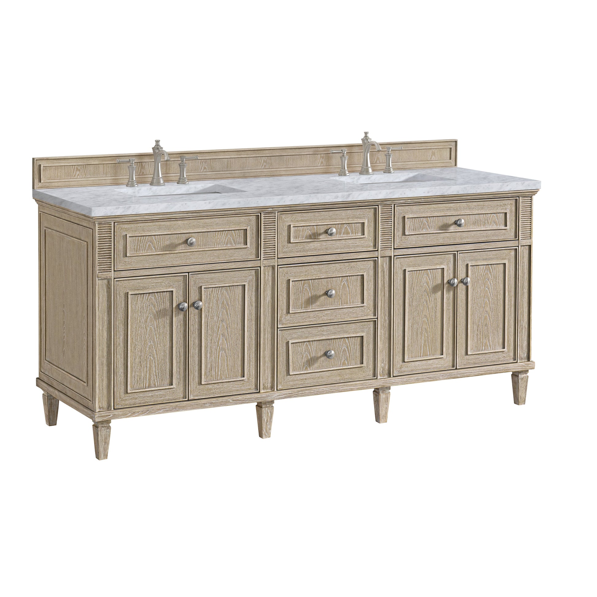 James Martin Vanities Lorelai 72" Whitewashed Oak Double Vanity With 3 CM Carrara White Marble Top