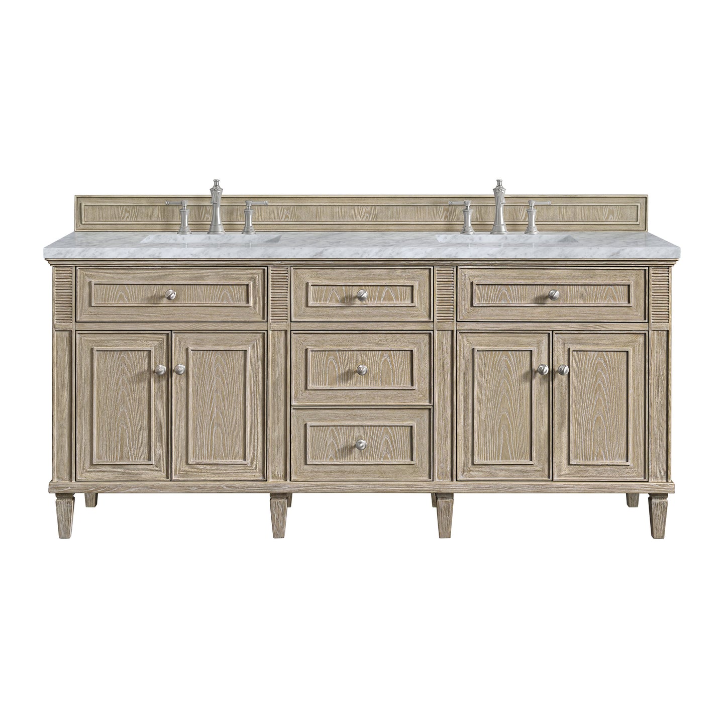 James Martin Vanities Lorelai 72" Whitewashed Oak Double Vanity With 3 CM Carrara White Marble Top