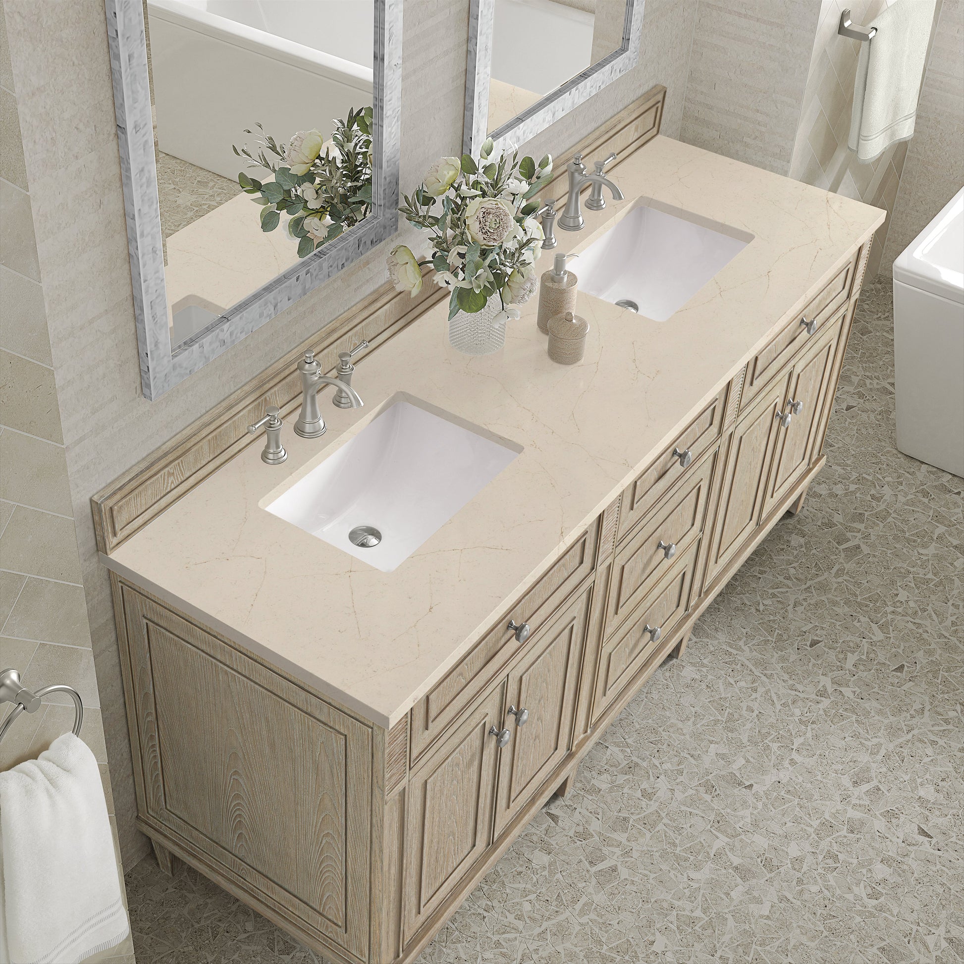 James Martin Vanities Lorelai 72" Whitewashed Oak Double Vanity With 3 CM Eternal Marfil Quartz Top