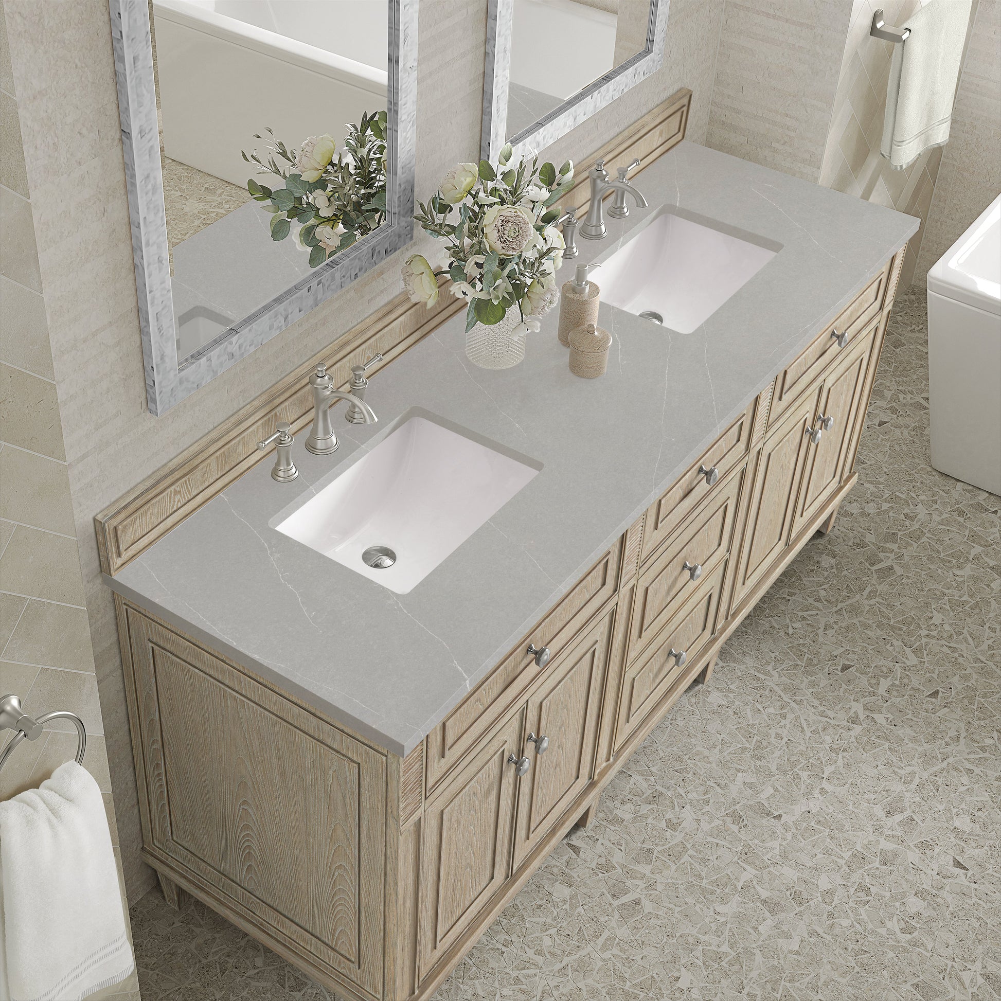 James Martin Vanities Lorelai 72" Whitewashed Oak Double Vanity With 3 CM Eternal Serena Quartz Top