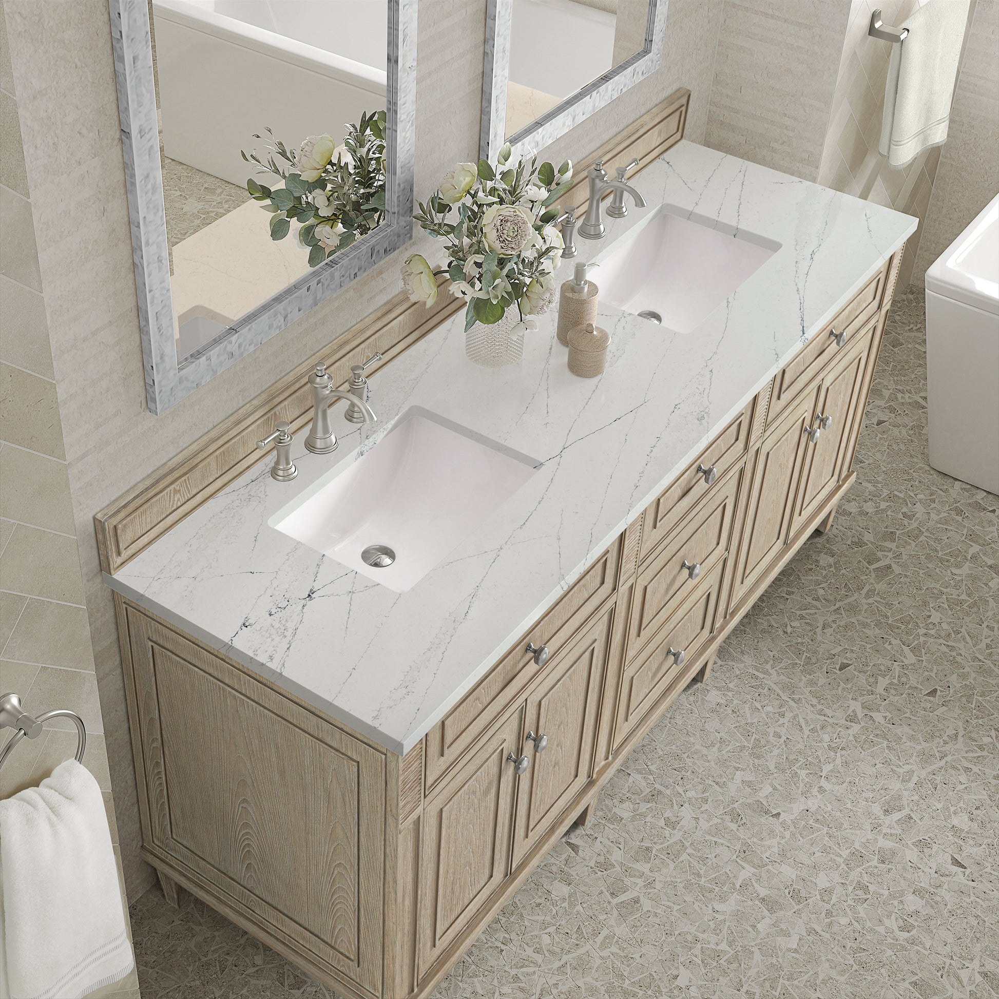 James Martin Vanities Lorelai 72" Whitewashed Oak Double Vanity With 3 CM Ethereal Noctis Quartz Top