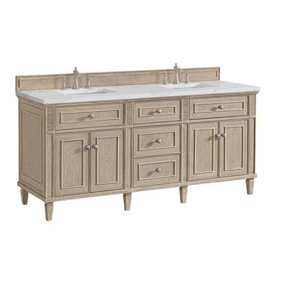 James Martin Vanities Lorelai 72" Whitewashed Oak Double Vanity With 3 CM Ethereal Noctis Quartz Top