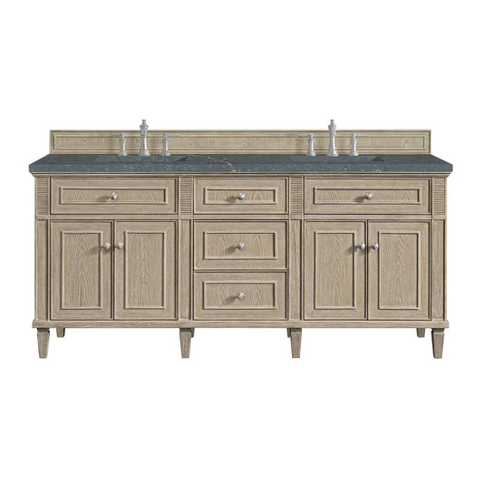 James Martin Vanities Lorelai 72" Whitewashed Oak Double Vanity With 3 CM Parisien Bleu Quartz Top