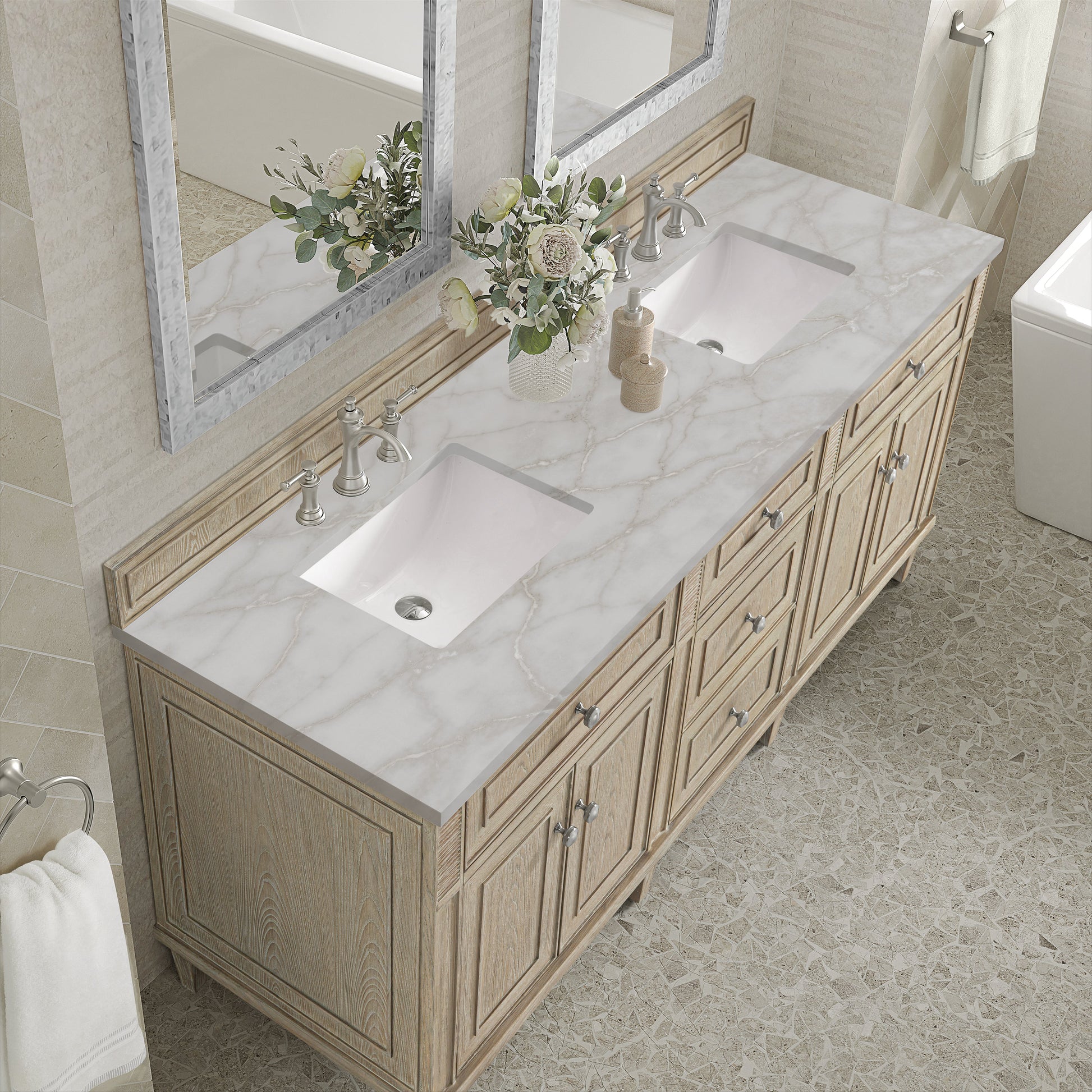 James Martin Vanities Lorelai 72" Whitewashed Oak Double Vanity With 3 CM Victorian Silver Quartz Top